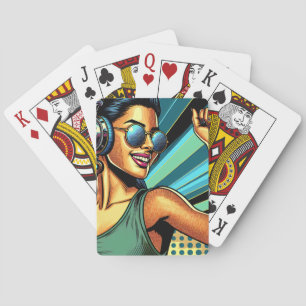 Pop Art Woman in Headphones Dancing Playing Cards
