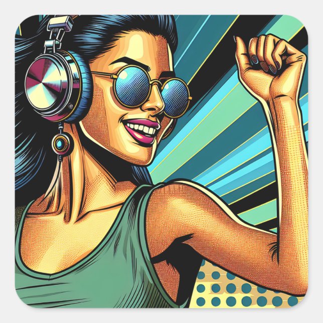 Pop Art Woman in Headphones Dancing Square Sticker (Front)