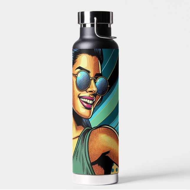 Pop Art Woman in Headphones Dancing Water Bottle (Left)