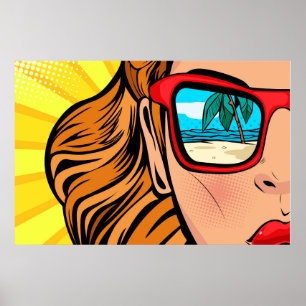 Pop Art Woman in Sunglasses  at Beach Poster