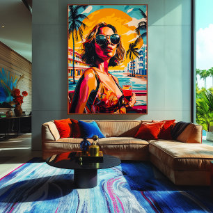 Pop Art Woman in Tropical Sunset Vibes Canvas Print