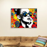 Pop art woman with sunglasses canvas print<br><div class="desc">A woman with stylish sunglasses gazes thoughtfully. The background is vivid and filled with dynamic comic book-like elements in bright colours.</div>