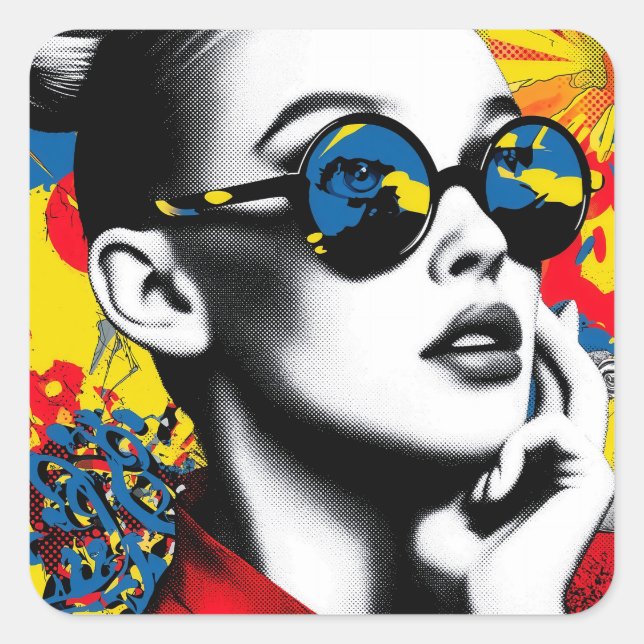 Pop art woman with sunglasses square sticker (Front)