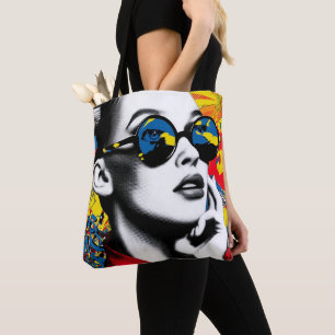 Pop art woman with sunglasses tote bag