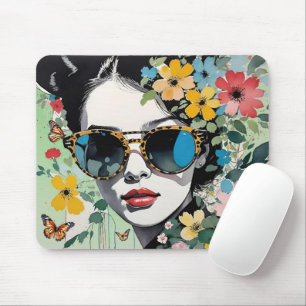 Pop Art Woman's Face Floral with Butterflies Mouse Mat