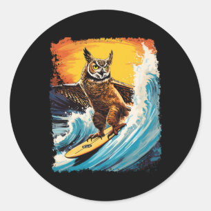 Pop Art Zoo Vintage Bird Horned Owl Surfing Classic Round Sticker