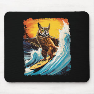 Pop Art Zoo Vintage Bird Horned Owl Surfing Mouse Mat