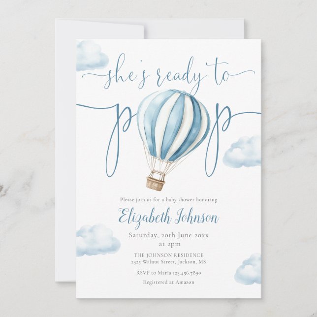 Pop Blue Balloon Girl All In One Baby Shower Invitation (Front)