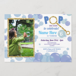 POP Bubble Birthday Blue Photo Glitter Gold Invitation