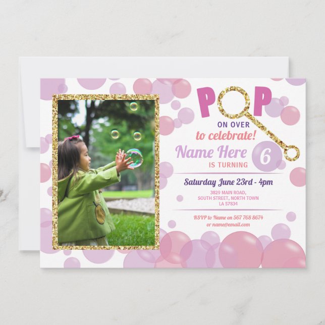 POP Bubble Lilac Birthday Pink Photo Glitter Gold Invitation (Front)