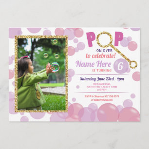 POP Bubble Lilac Birthday Pink Photo Glitter Gold Invitation