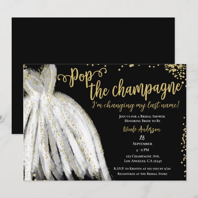 Pop Champagne Dress & Gold Glitter Bridal Shower  Invitation (Front/Back)