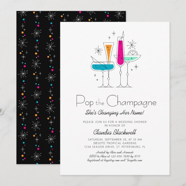 Pop Champagne Retro Bridal Shower Invitation (Front/Back)