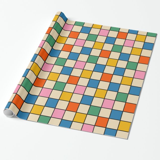Pop Check Colourful Retro Modern Checked Pattern Wrapping Paper (Unrolled)