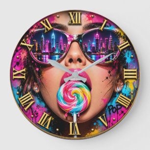 Pop City Lollipop Colorful Woman Portrait Large Clock