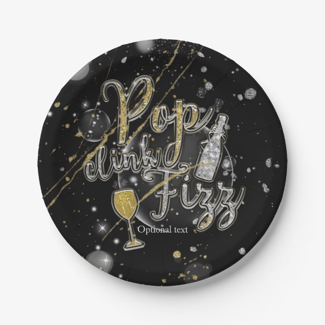 POP CLINK FIZZ Champagne Bubbles Party Celebration Paper Plate (Front)