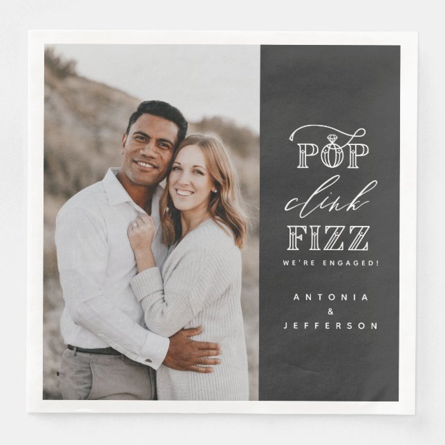 Pop clink fizz engagement party napkins (Front)