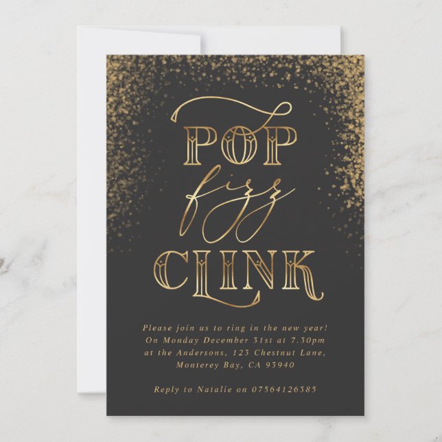 pop clink fizz gold holiday party invitation (Front)
