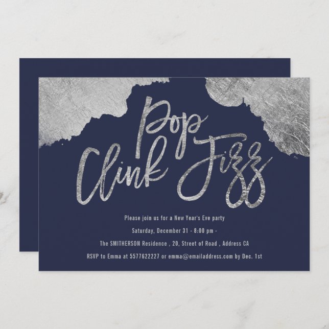 Pop clink fizz script blue silver New Years Eve Invitation (Front/Back)