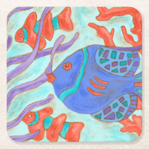 Pop-Coloured Fish Square Paper Coaster