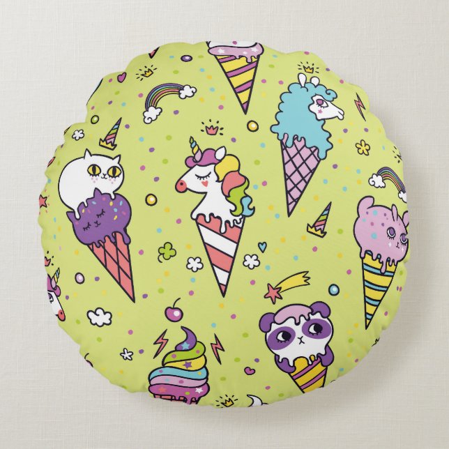 Pop Cute Ice Cream: Animal Pattern Round Cushion (Front)