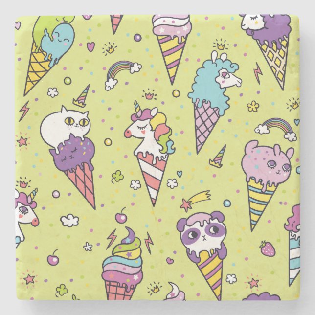 Pop Cute Ice Cream: Animal Pattern Stone Coaster (Front)