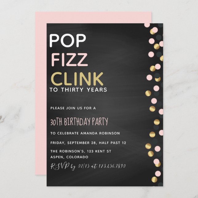 Pop Fizz Clink any age Birthday Chalkboard invite (Front/Back)