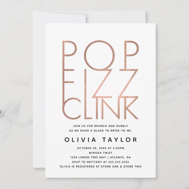 Pop Fizz Clink Bridal Shower Invitation, Rose Gold Invitation (Front)