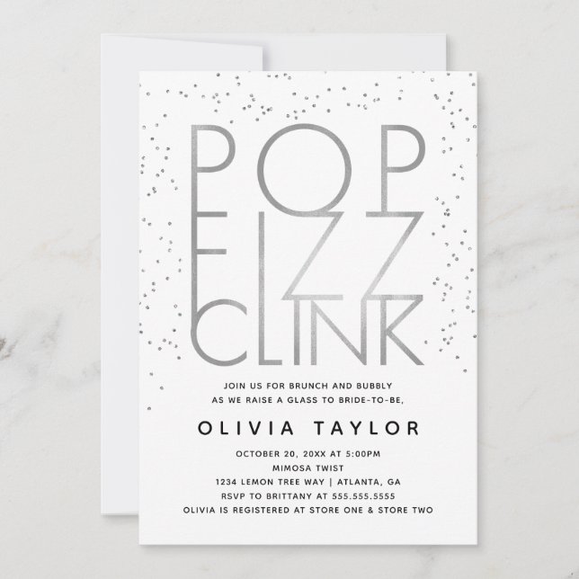 Pop Fizz Clink Bridal Shower Invitation, Silver Invitation (Front)