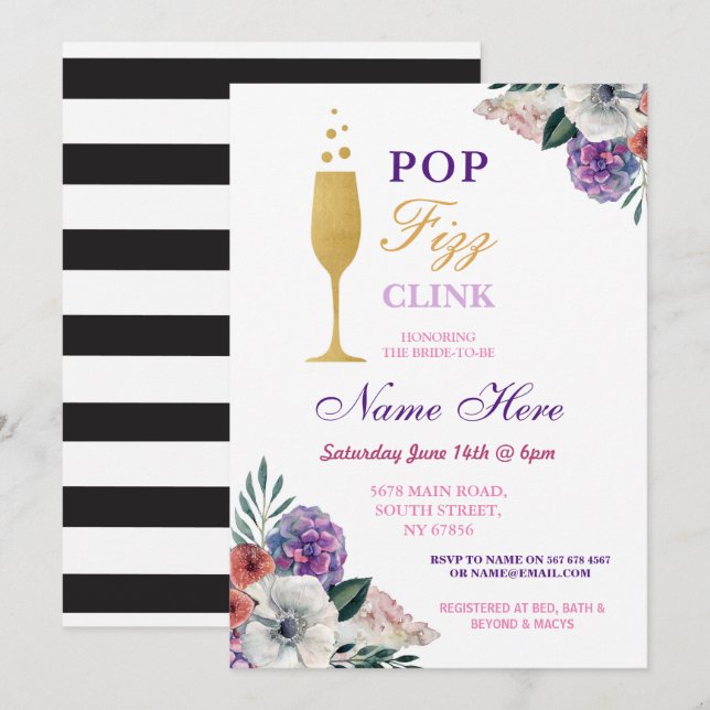 Pop Fizz Clink Bubbly Bridal Shower Floral Invite (Front/Back)
