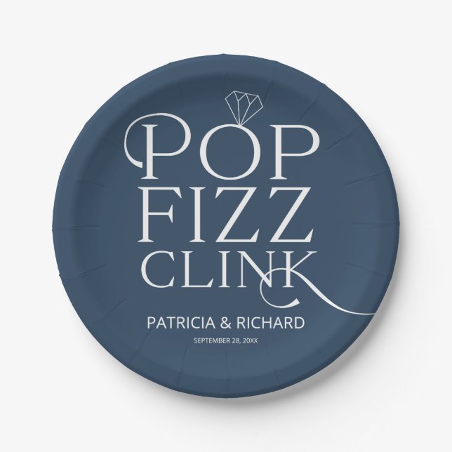 Pop Fizz Clink Engagement Party Blue Paper Plate (Front)