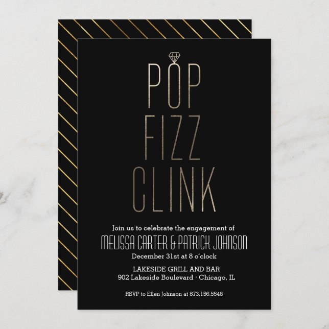 Pop Fizz Clink Engagement Party in Faux Foil Invitation (Front/Back)