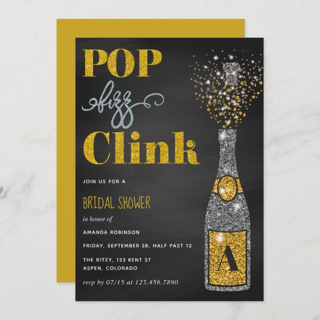 Pop fizz clink glitter chalkboard Bridal Shower Invitation (Front/Back)