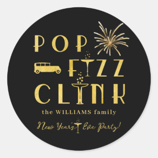 Pop Fizz Clink Gold Typograpy Modern New Years Eve Classic Round Sticker