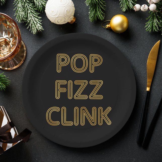 Pop Fizz Clink Modern Typography New Year's Eve Paper Plate (Creator Uploaded)
