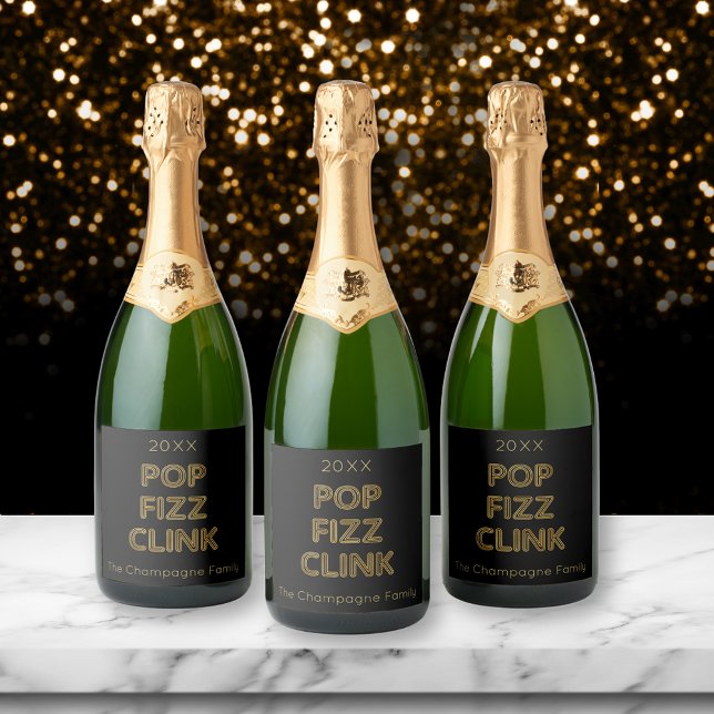 Pop Fizz Clink Modern Typography New Year's Eve Sparkling Wine Label (Creator Uploaded)