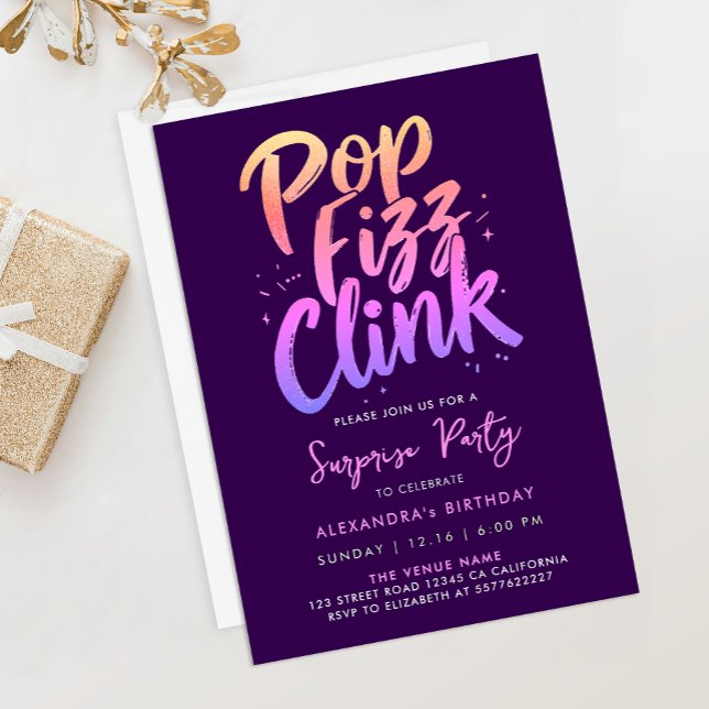 Pop Fizz Clink Purple And Pink Calligraphy Script Invitation (Creator Uploaded)