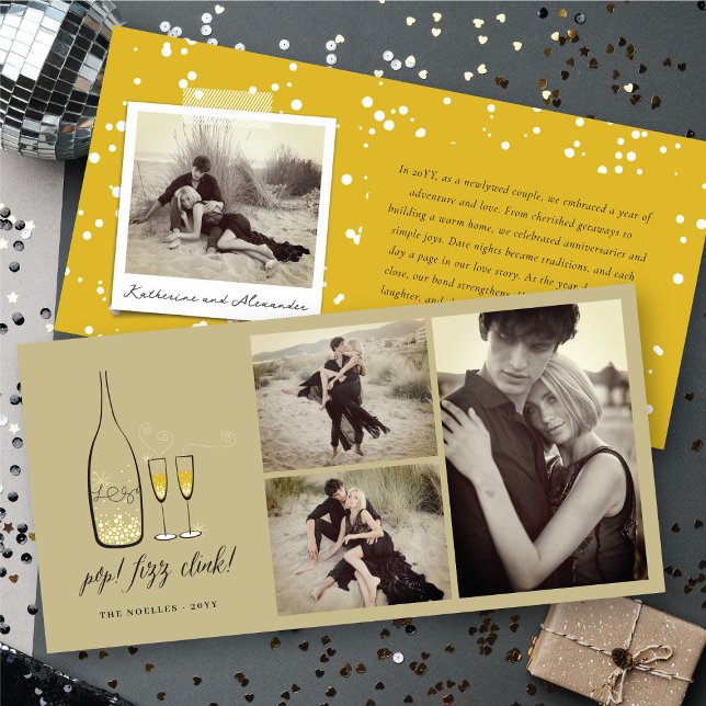 Pop Fizz Clink Stylish Gold Champagne Chic 3 Photo Holiday Card (Pop Fizz Clink Stylish Gold Champagne Chic 3 Photo Collage Holiday Card @ fat_fa_tin)