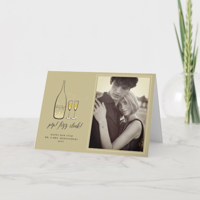 Pop Fizz Clink Stylish Gold Champagne Chic Photo Holiday Card (Front)