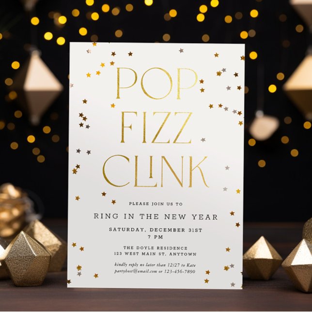 Pop Fizz Clink White Gold Confetti New Year's Eve  Invitation (Creator Uploaded)