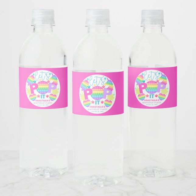 Pop It Birthday Party Personalised Pink Water Bottle Label (Bottles)