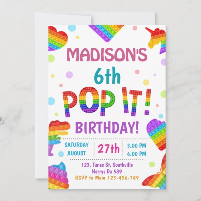 Pop it Colourful Kids Birthday Party Invitation (Front)