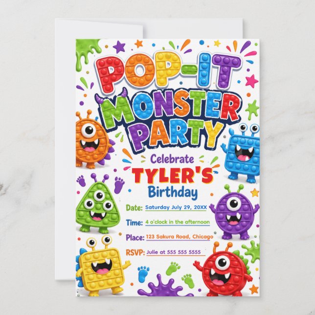 Pop It Cute Monsters Birthday Party Invitation (Front)