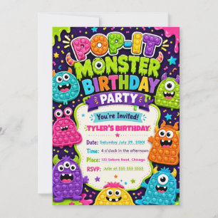 Pop It Cute Monsters Birthday Party Invitation