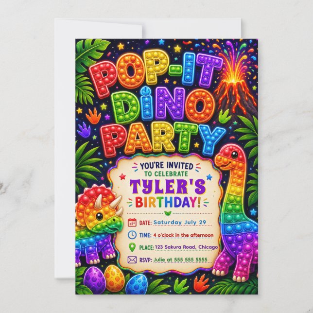 Pop It Dinosaur Birthday Party Invitation (Front)