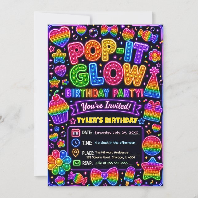Pop It Glow Birthday Party Invitation (Front)