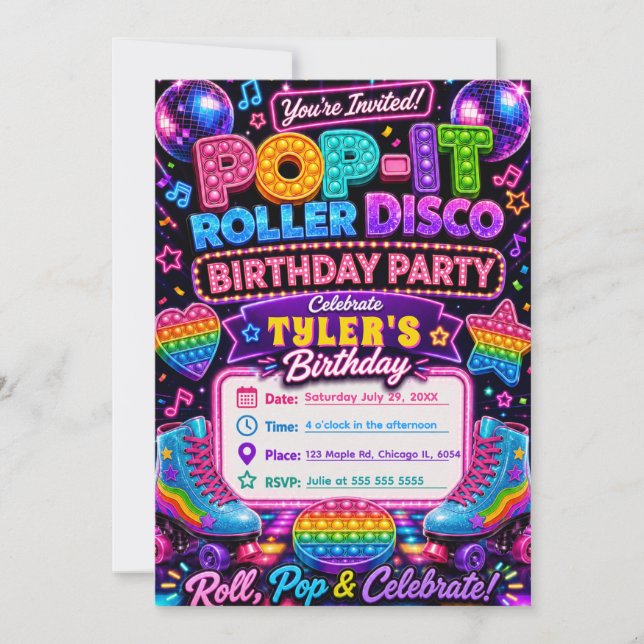 Pop It Roller Disco Birthday Party Invitation (Front)