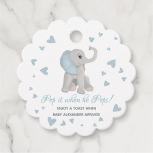 Pop It When He Pops Blue Grey Elephant Baby Shower Favour Tags