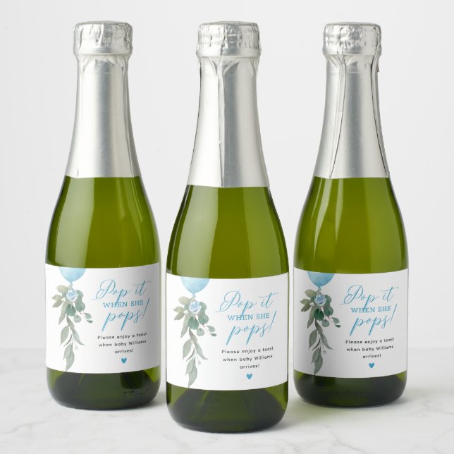 Pop It When She Pops Balloon Greenery Baby Shower Sparkling Wine Label (Bottles)