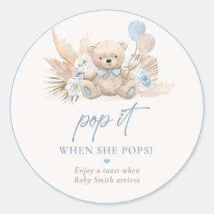Pop It When She Pops Boho Teddy Bear Blue Favour Classic Round Sticker